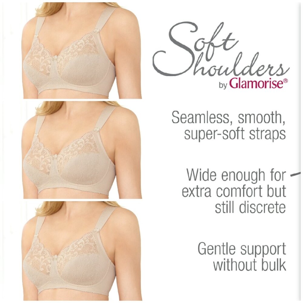 Set Of 3! 46G Glamorise SOFT SHOULDERS Bra (WIDE-STRAPS) Wireless LACE Nude NEW